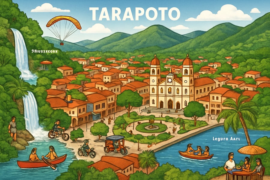 Vista panorámica de Tarapoto con actividades y lugares destacados